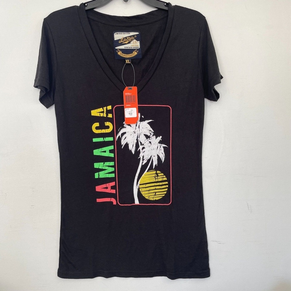 Lifestyle Apparel Womens XL Black‎ Jamaica Palm Tree V Neck T Shirt Top